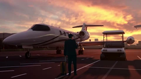 Businessman Using Smartphone With Boarding Private Jet at Sunset Stock Footage 312127807