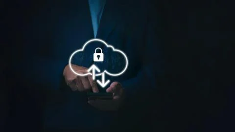 Businessman using smartphone with cloud security icon Stock Photos