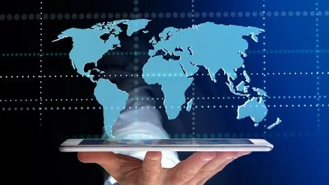 Businessman using a smartphone with a Connected world map - 3d render Stock Illustration
