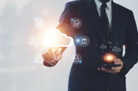 Businessman using smartphone connection on cloud computing security privacy d Stock Photos