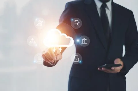 Businessman using smartphone connection on cloud computing security privacy d Stock Photos
