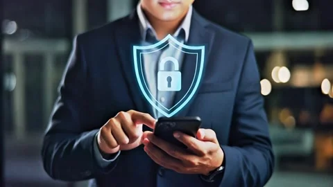 Businessman Using Smartphone with Cyber Security Shield 库存影片 338038947