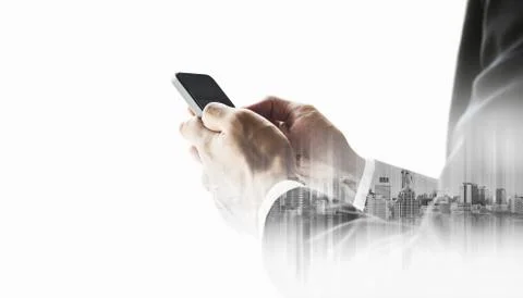 Businessman using smartphone with double exposure city, isolated Stock Photos