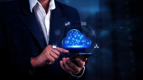 Businessman using a smartphone to interact with a digital cloud interface, .. Foto stock