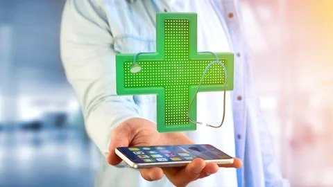 Businessman using a smartphone with a Lighting pharmacy cross and a stethos.. Stock Illustration