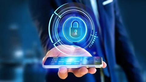 Businessman using a smartphone with a Shinny technologic locker security bu.. Stock Illustration