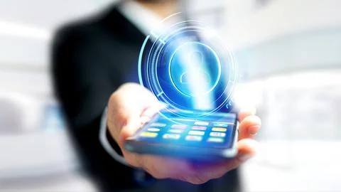 Businessman using a smartphone with a Shinny technologic network contact bu.. Stock Illustration