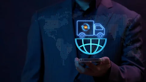 Businessman using smartphone to show animation of truck car with world map. Stock Footage 291288366