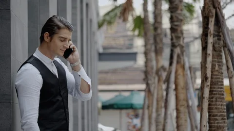 Businessman using a smartphone to talk about business. Standing on the sidewalk Stock Footage 129885755