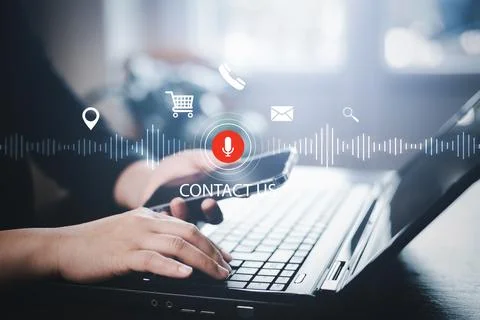 Businessman using smartphone touch microphone button on virtual screen. Blog  Stock Photos