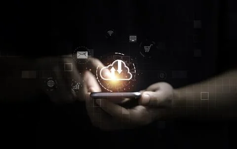 Businessman using smartphone with virtual cloud computing icon for upload a.. Fotos Stock