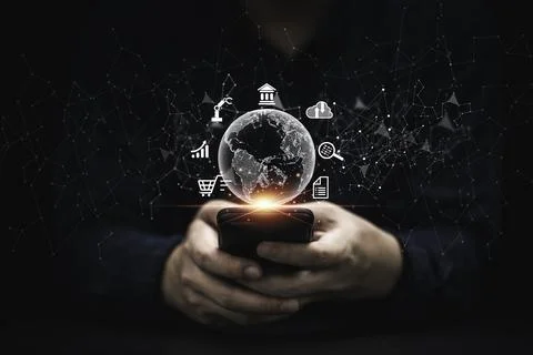 Businessman using smartphone with virtual world and business icons for digi.. 库存照片