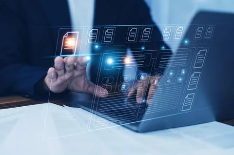 Businessman using software computer check data document on server for docum.. Stockfoto's