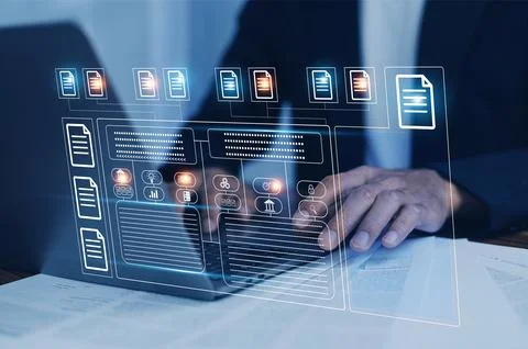 Businessman using software computer check data document on server for docum.. Stock Photos