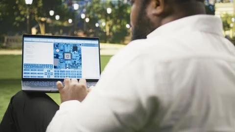 Businessman using software with microchip and circuit board interface 스톡 사진