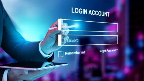 Businessman using a stylus on a virtual login interface with ID and passwor.. Stock Photos