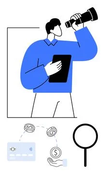 Businessman using tablet and binoculars with financial icons, magnifying gl.. 스톡 일러스트