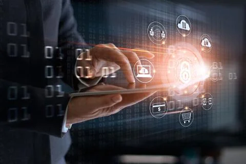Businessman using tablet and lock icon with customer network connection 스톡 사진