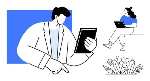 Businessman using tablet and pointing, woman working with laptop, and flower  Stock Illustration
