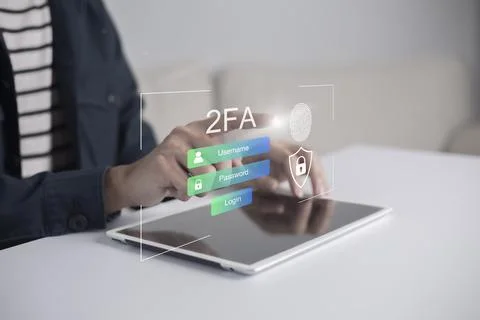 Businessman using tablet and touching virtual screen to fingerprint scan for Stock Photos
