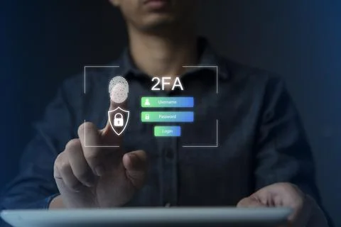 Businessman using tablet and touching virtual screen to fingerprint scan for  Stock Photos