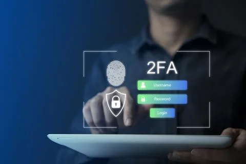 Businessman using tablet and touching virtual screen to fingerprint scan for  Stock Photos