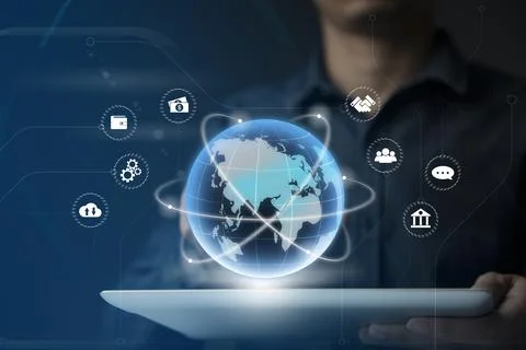 Businessman using tablet and virtual touch screen to online transactions with Stock Photos