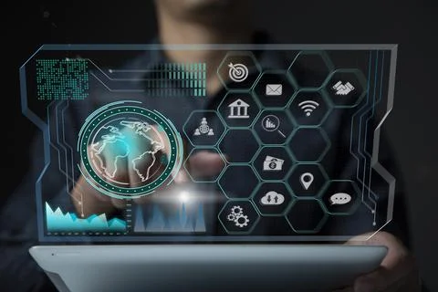 Businessman using tablet and virtual touch screen to online transactions with Stock Photos