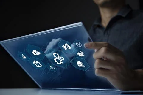 Businessman using tablet and virtual touch screen to online transactions with Stock Photos