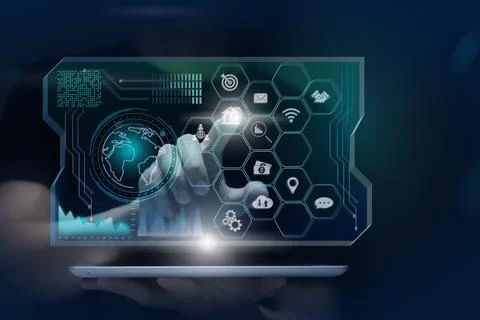 Businessman using tablet and virtual touch screen o do online transactions wi Stock Photos