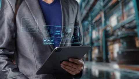 Businessman Using Tablet with Augmented Reality Data Visualization Piping a.. 스톡 사진