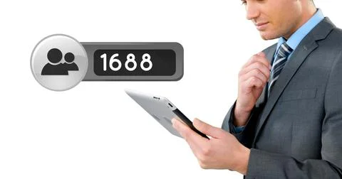 Businessman using tablet checking social media followers, focused on growth Stock Photos