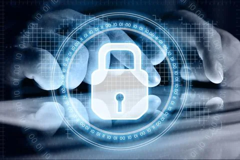 Businessman using tablet computer and digital lock icon interface 写真素材