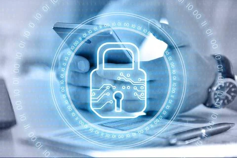 Businessman using tablet computer and digital lock icon interface with circle Stock Photos