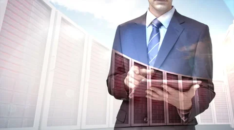 Businessman using tablet computer with data server overlay Stock Footage 52055082