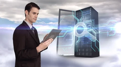 Businessman using tablet computer in front of server tower on sky background Stock Footage 51801489