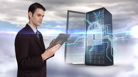 Businessman using tablet computer in front of server tower on sky background Stock Footage 51801523