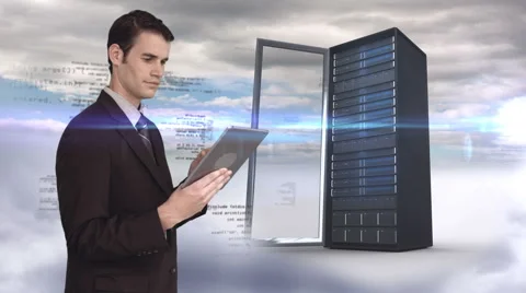 Businessman using tablet computer in front of server tower on sky background Stock Footage 51801824