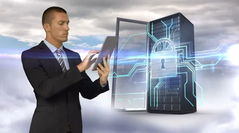 Businessman using tablet computer in front of server tower on sky background Stock Footage 52015533