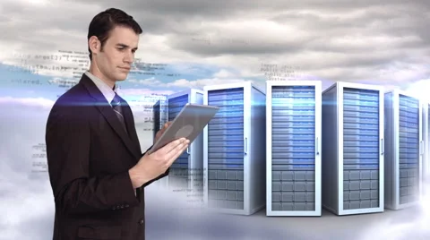 Businessman using tablet computer in front of server tower on sky background Stock Footage 52015744