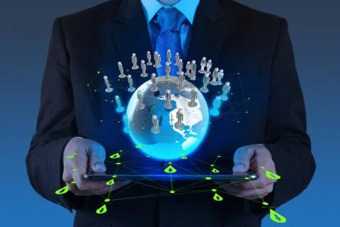 Businessman using tablet computer shows social network 스톡 일러스트