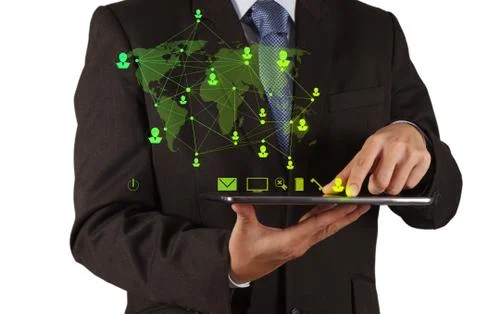 Businessman using tablet computer shows social network Stock Illustration