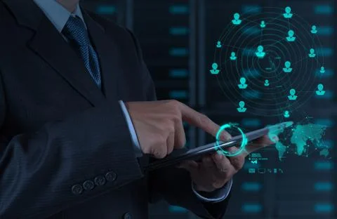 Businessman using tablet computer shows internet and social network as concep イラスト素材