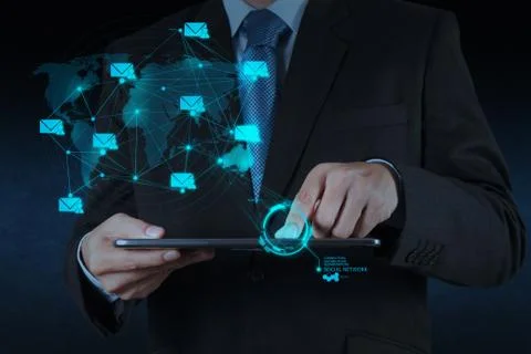 Businessman using tablet computer shows social network concept Stock Illustration