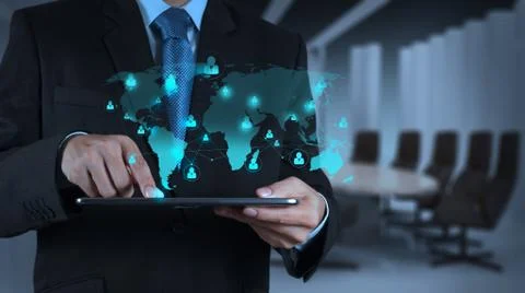 Businessman using tablet computer shows internet and social network Stock Illustration