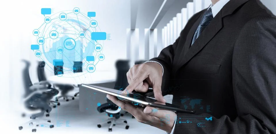 Businessman using tablet computer shows internet and social network Stock-Illustration