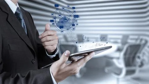 Businessman using tablet computer shows internet and social network Иллюстрация