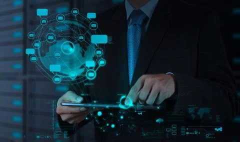 Businessman using tablet computer shows internet and social network Illustrazione stock