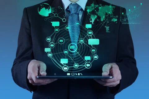 Businessman using tablet computer shows internet and social network Stock Illustration
