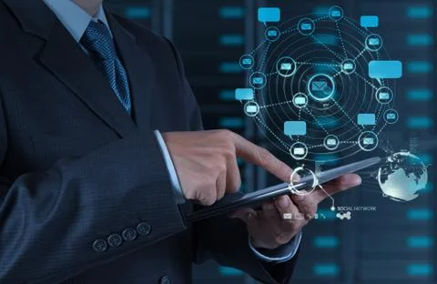 Businessman using tablet computer shows internet and social network Stock Illustration